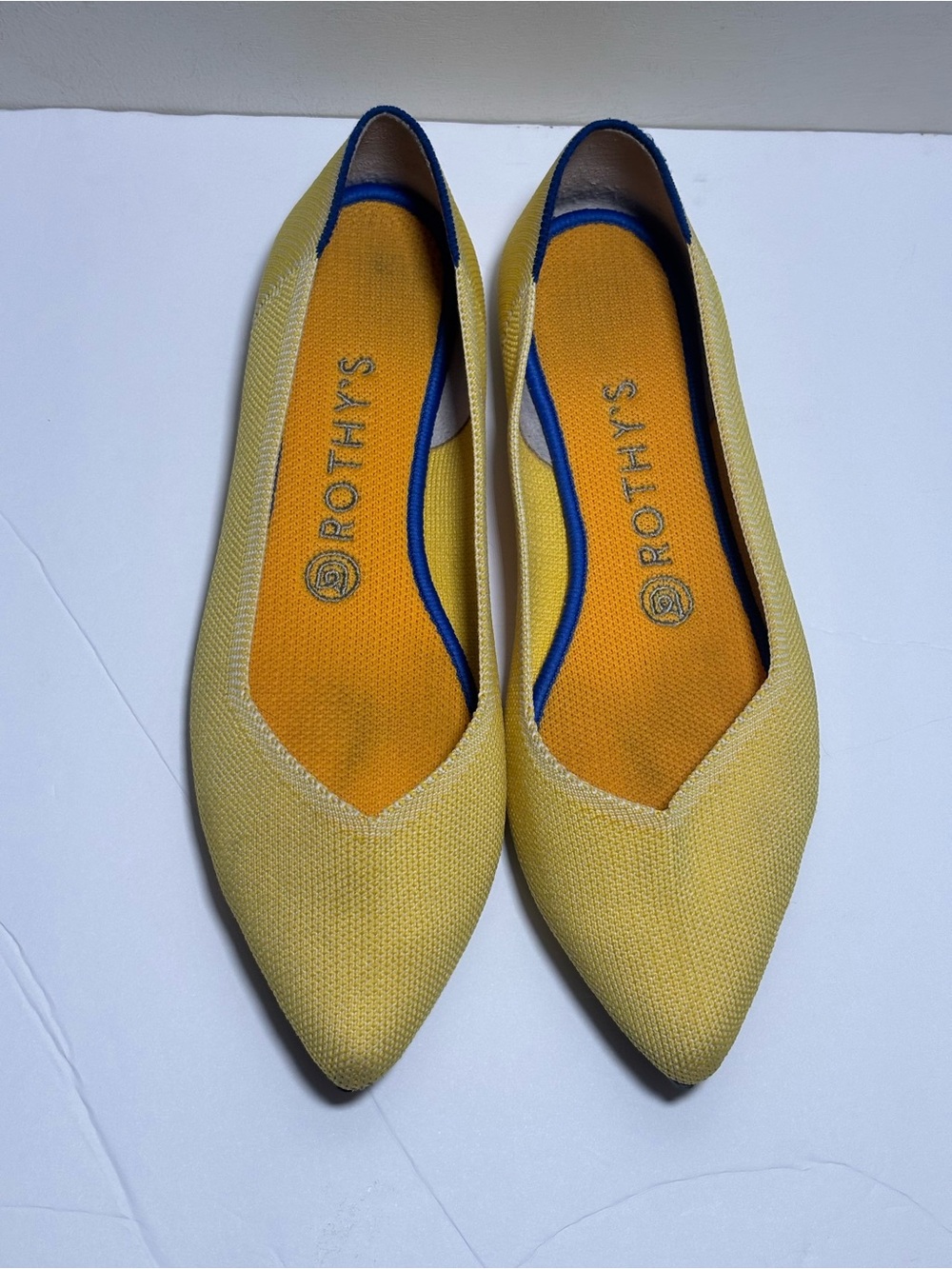 Rothy's Yellow Pointed-Toe Knit Flats with Blue Trim